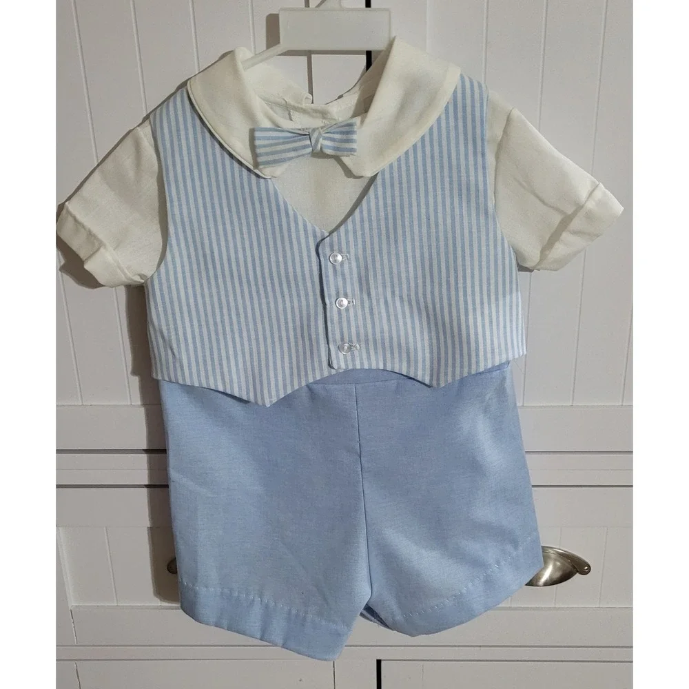 Something Pretty Vintage Baby Boy Romper Blue White Striped Bow Tie 24M USA
